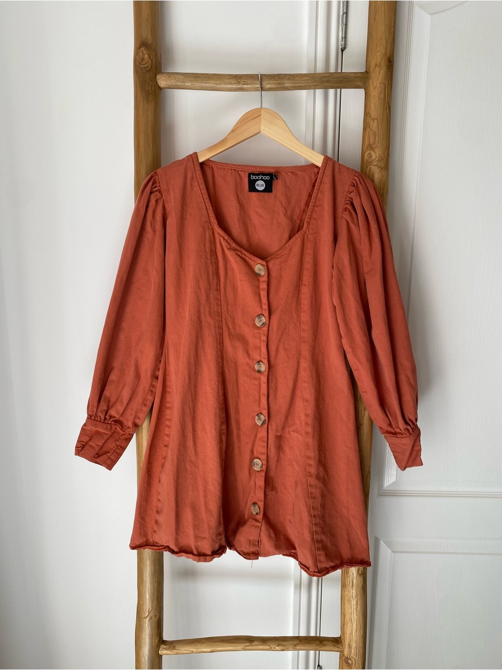 Boohoo Rust Button-Front Puffed Long Sleeve Mini Dress 100% Cotton Cottagecore